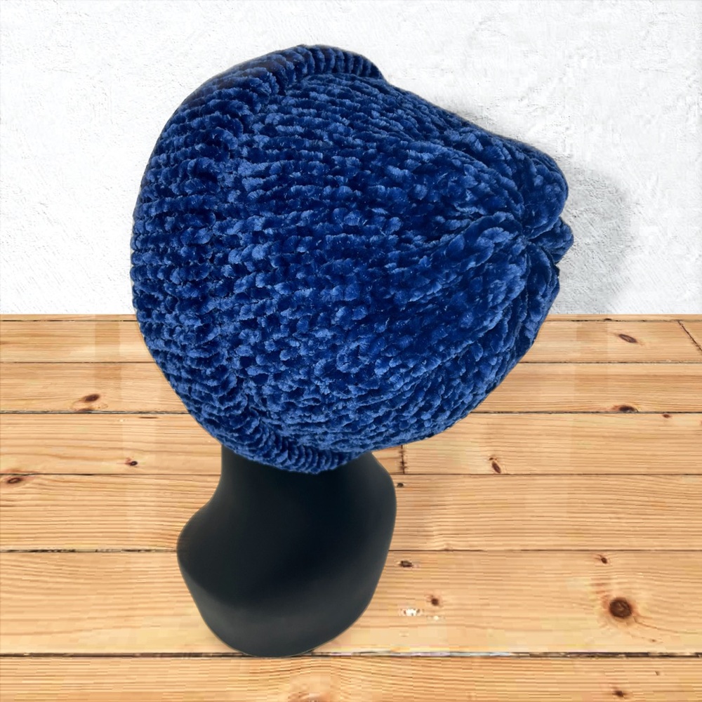 Handmade Super Soft Velvet Knit Beanie Handcrafted Hat Navy - Picture 7 of 11
